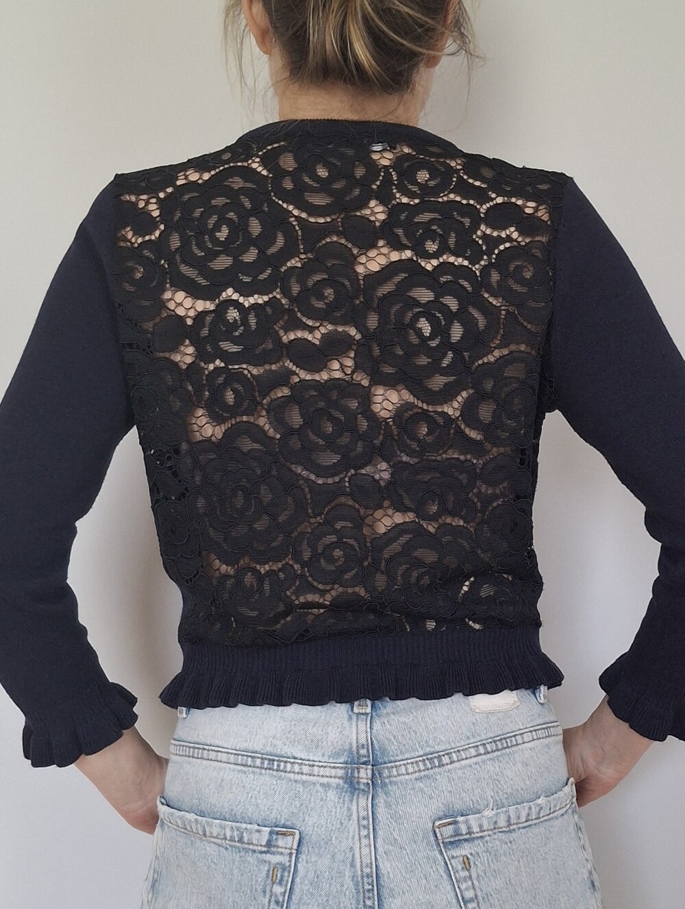 Karl Lagerfeld Paris Lace Back Pearl Button Cardigan Sweater Size XS Navy